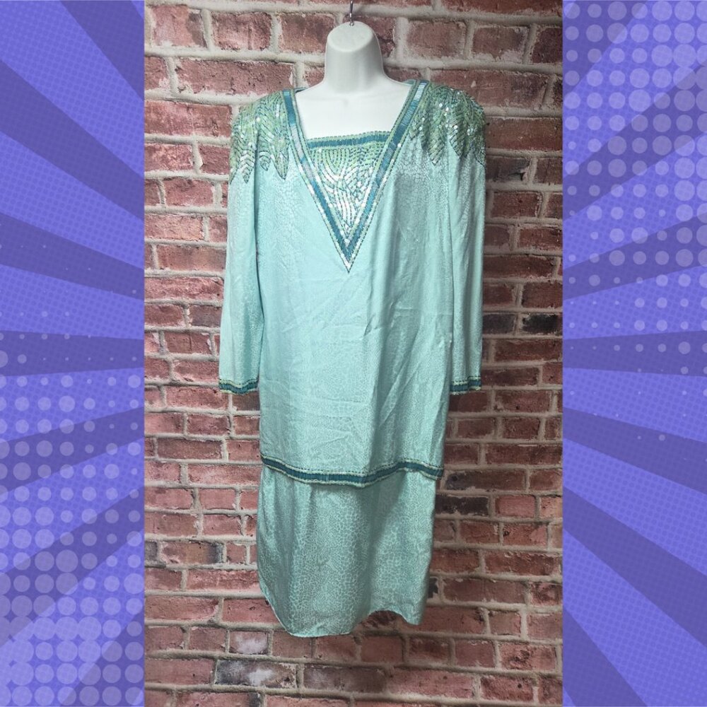 Vintage Davidson’s Beaded Silk Dress Women’s 100% Silk Sequin Art Deco Midi Gown